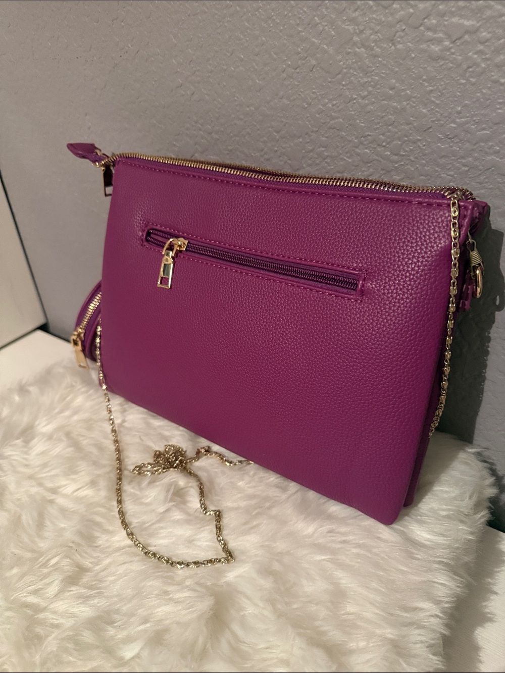 Purple Pebbled Leatherette Crossbody with Gold Chain Strap